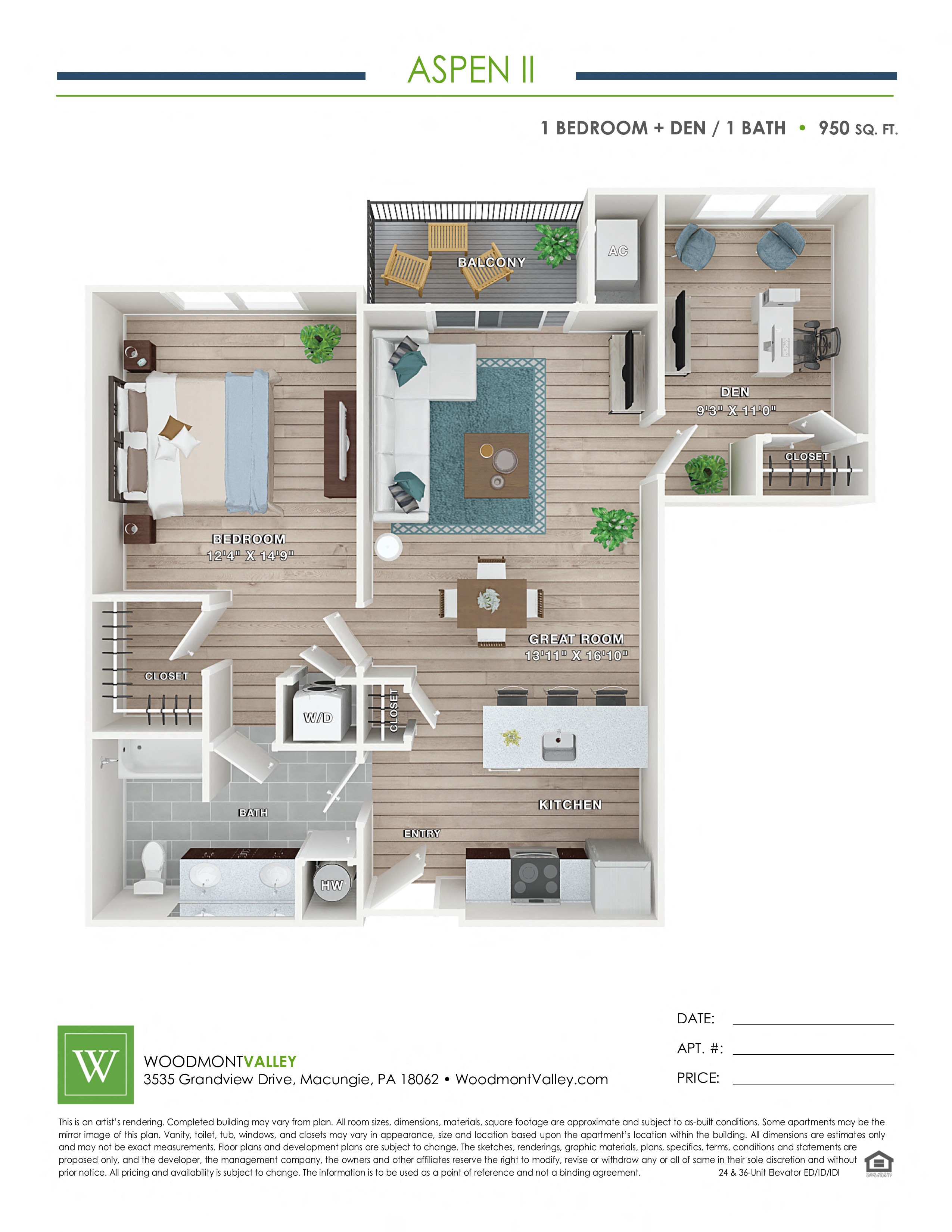 Floor plan for 1 bed, 1 bath, 950 sqft
